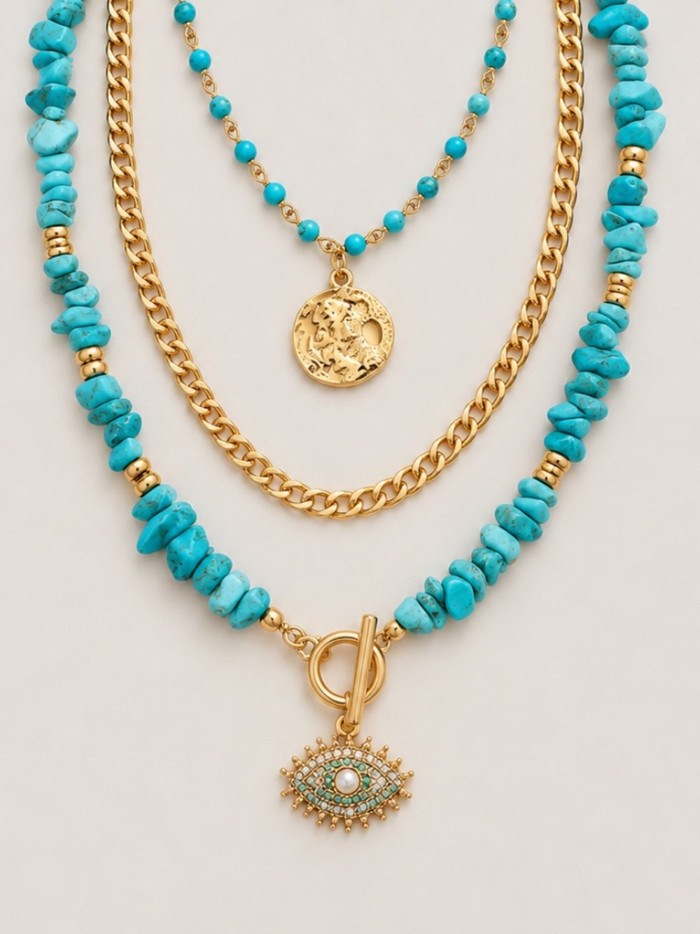 New! Turquoise Beaded Gold Chain Evil Eye Necklace Stack Set NWOT